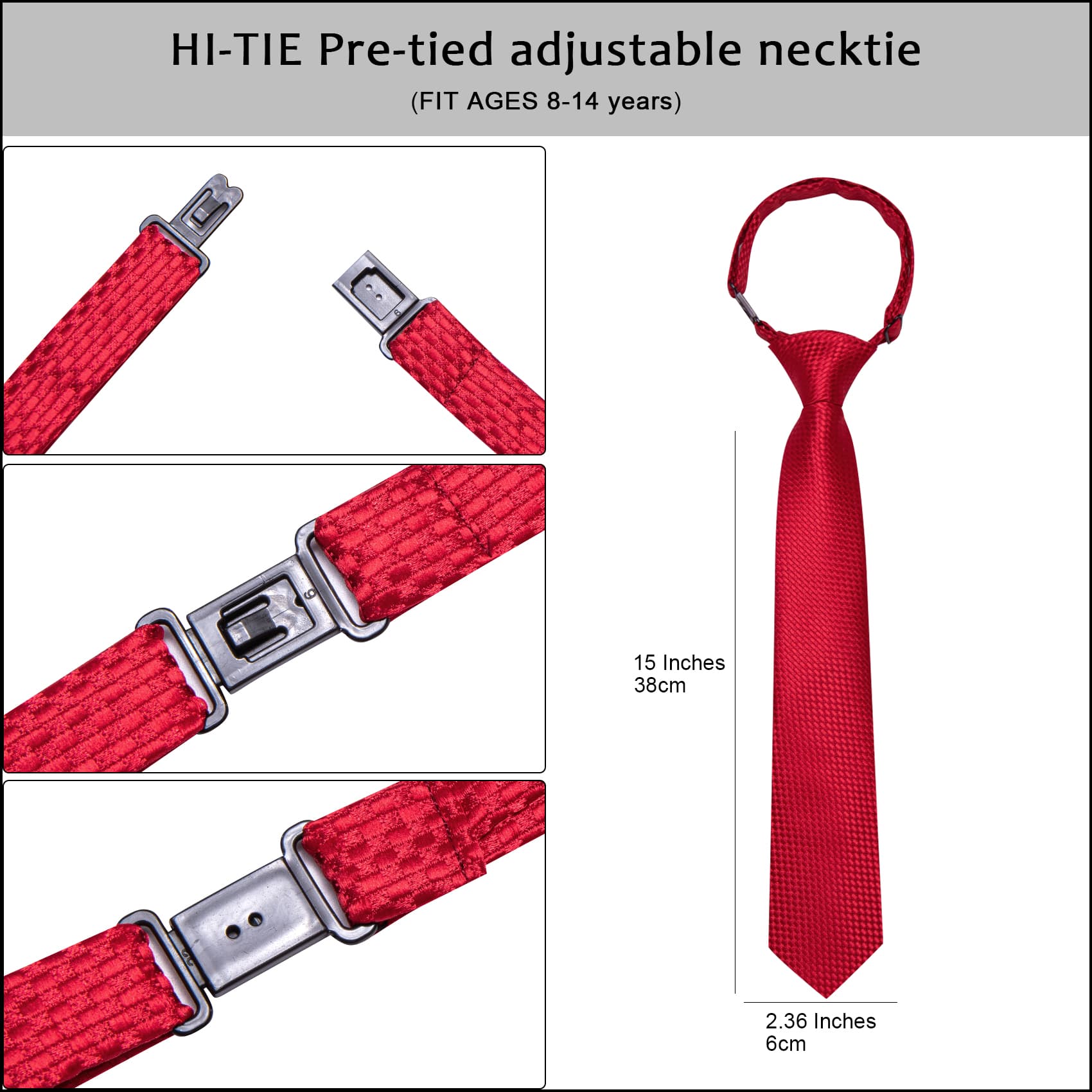 Hi-Tie Pure Red Plaid Boys Pre-tied Adjustable Tie Pocket Square