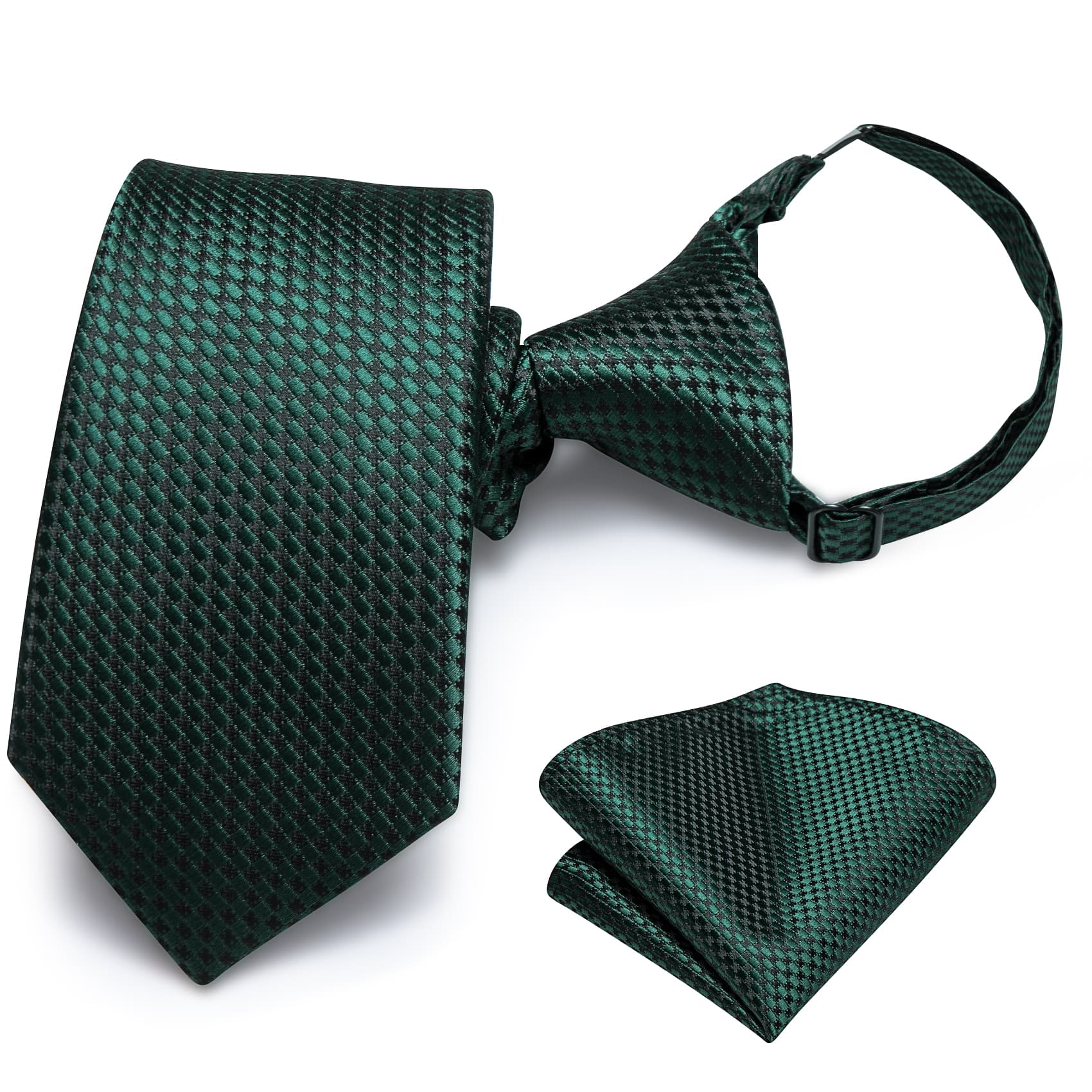 Hi-Tie Dark Green Plaid Boys Pre-tied Adjustable Tie Pocket Square