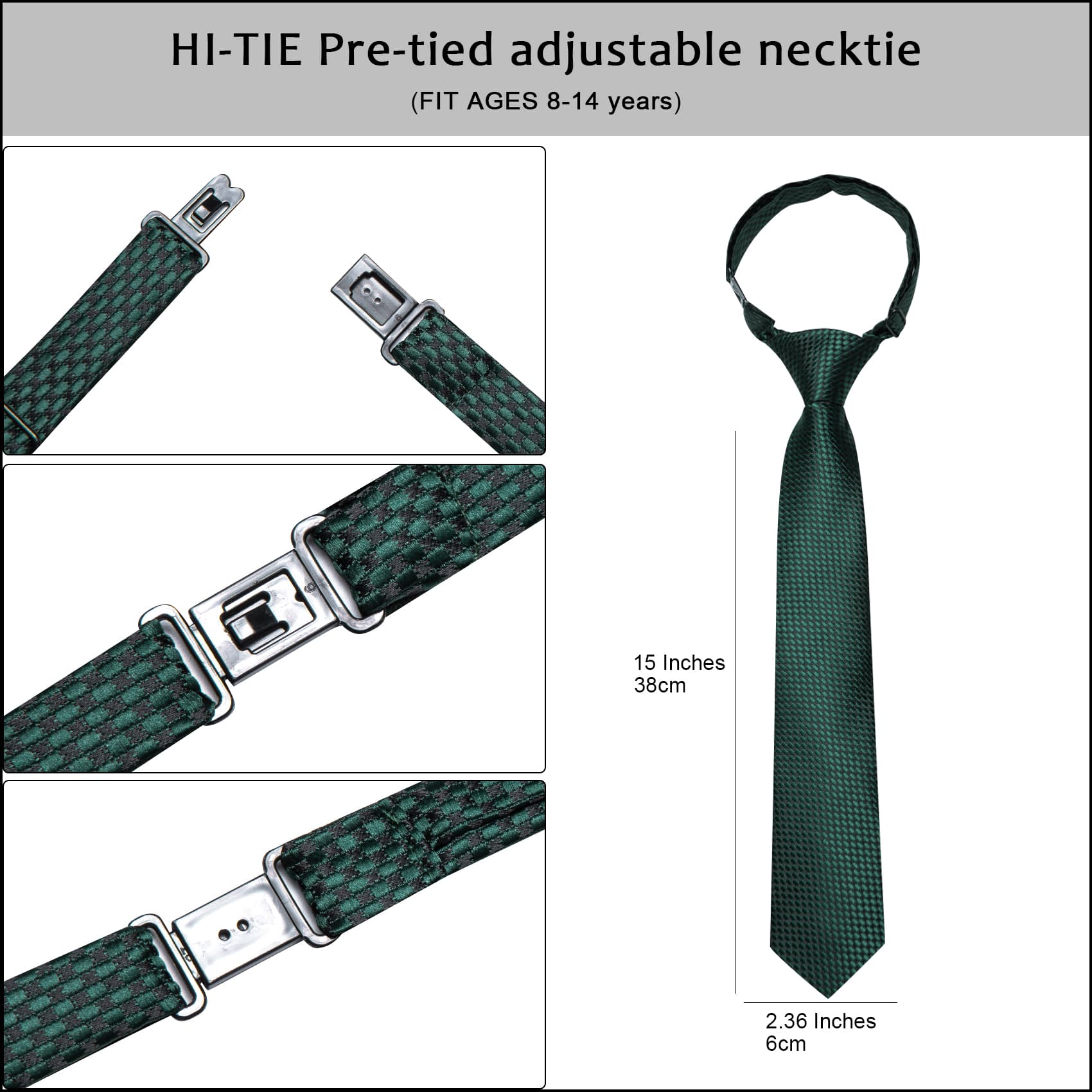 Hi-Tie Dark Green Plaid Boys Pre-tied Adjustable Tie Pocket Square