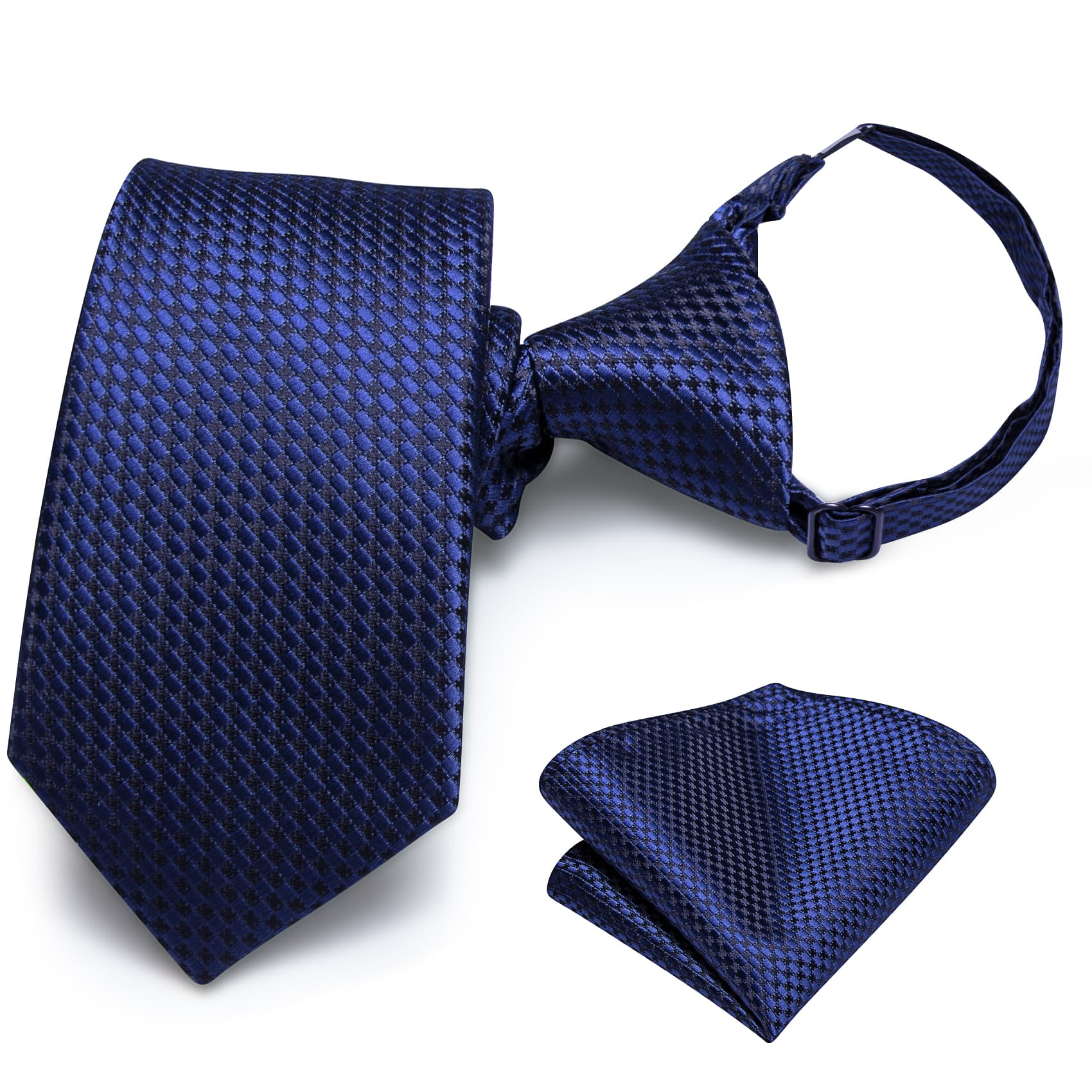 Hi-Tie Navy Blue Plaid Boys Pre-tied Adjustable Tie Pocket Square