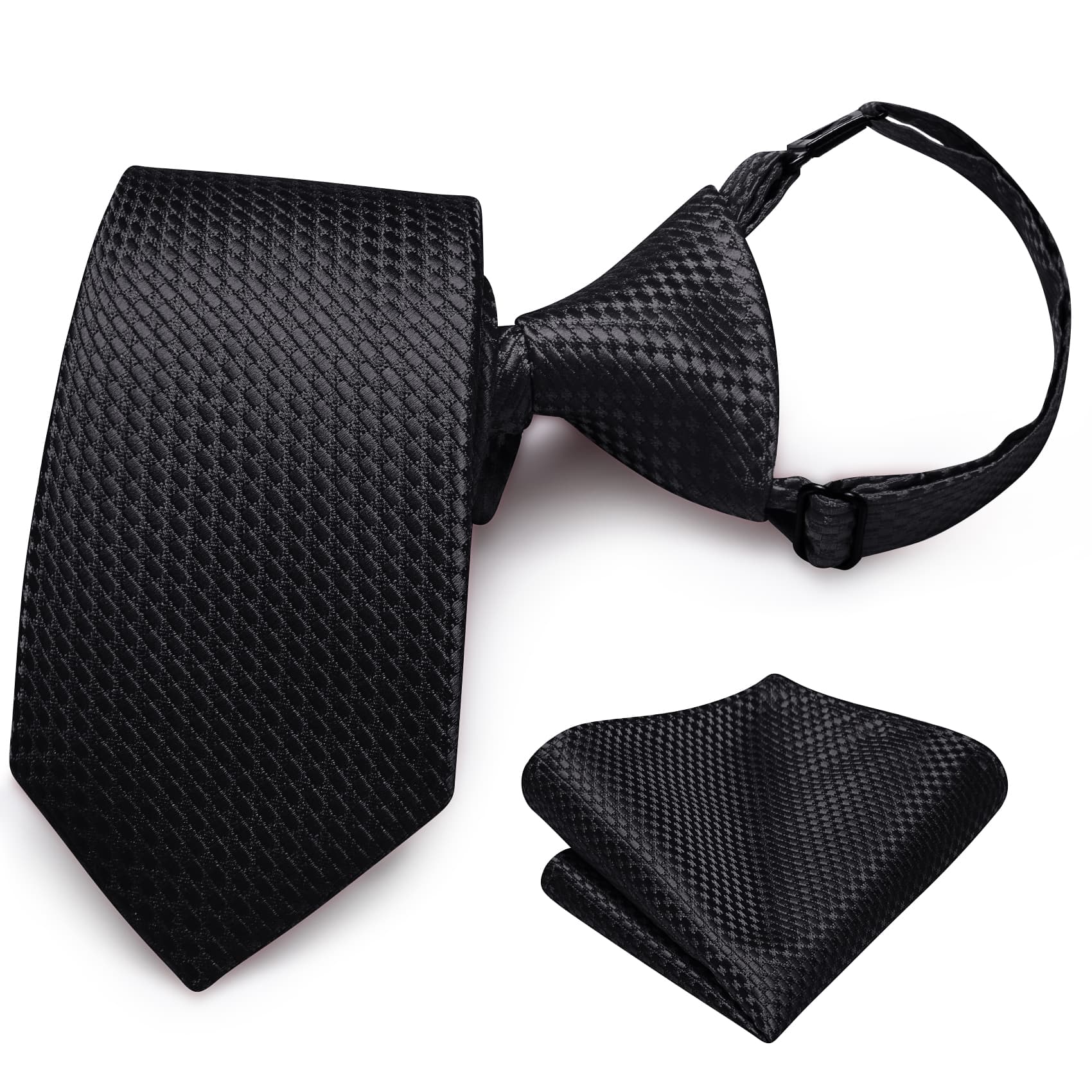 Hi-Tie Classic Black Plaid Boys Pre-tied Adjustable Tie Pocket Square