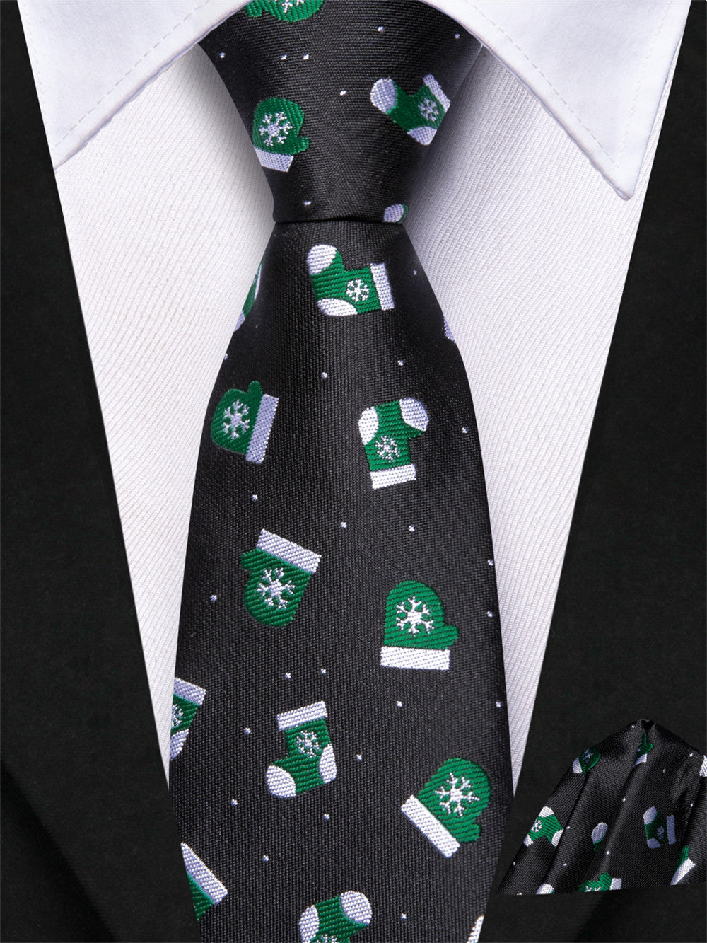 Hi-Tie Black Green Christmas Boys Pre-tied Adjustable Tie Pocket Square