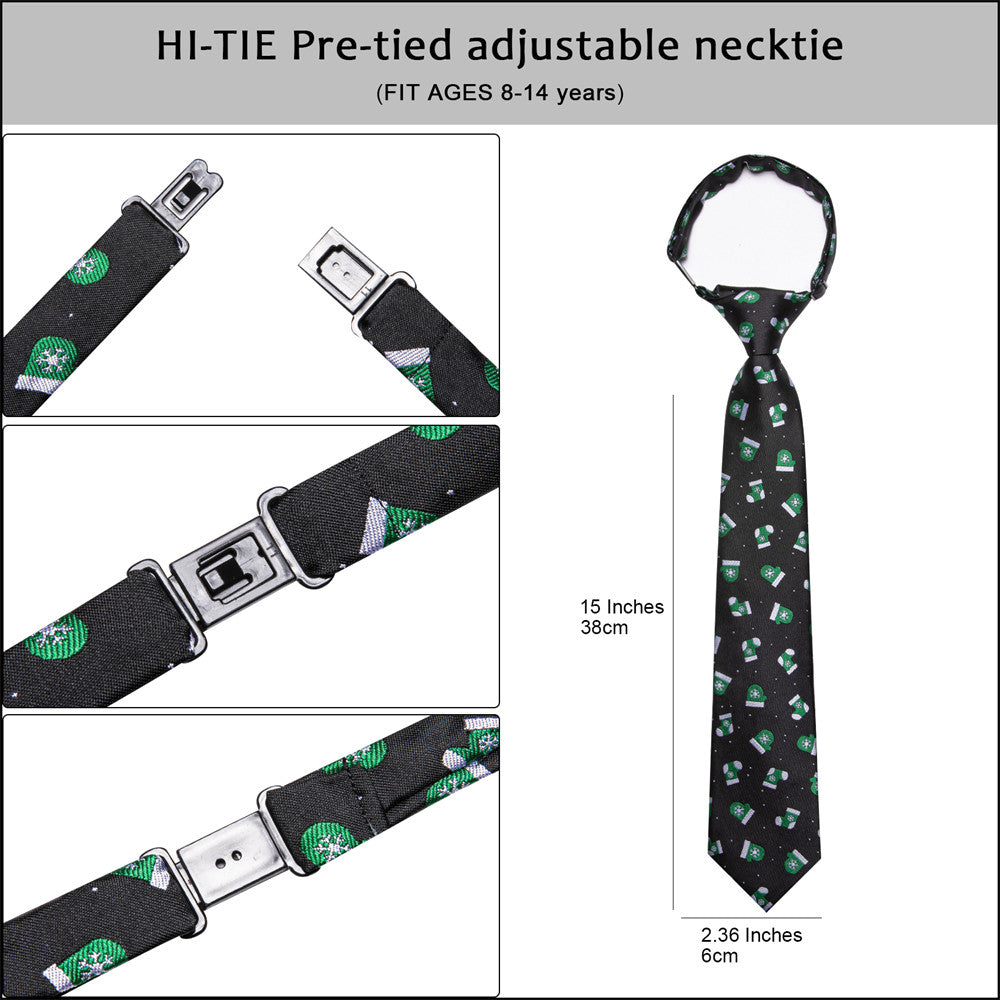 Hi-Tie Black Green Christmas Boys Pre-tied Adjustable Tie Pocket Square