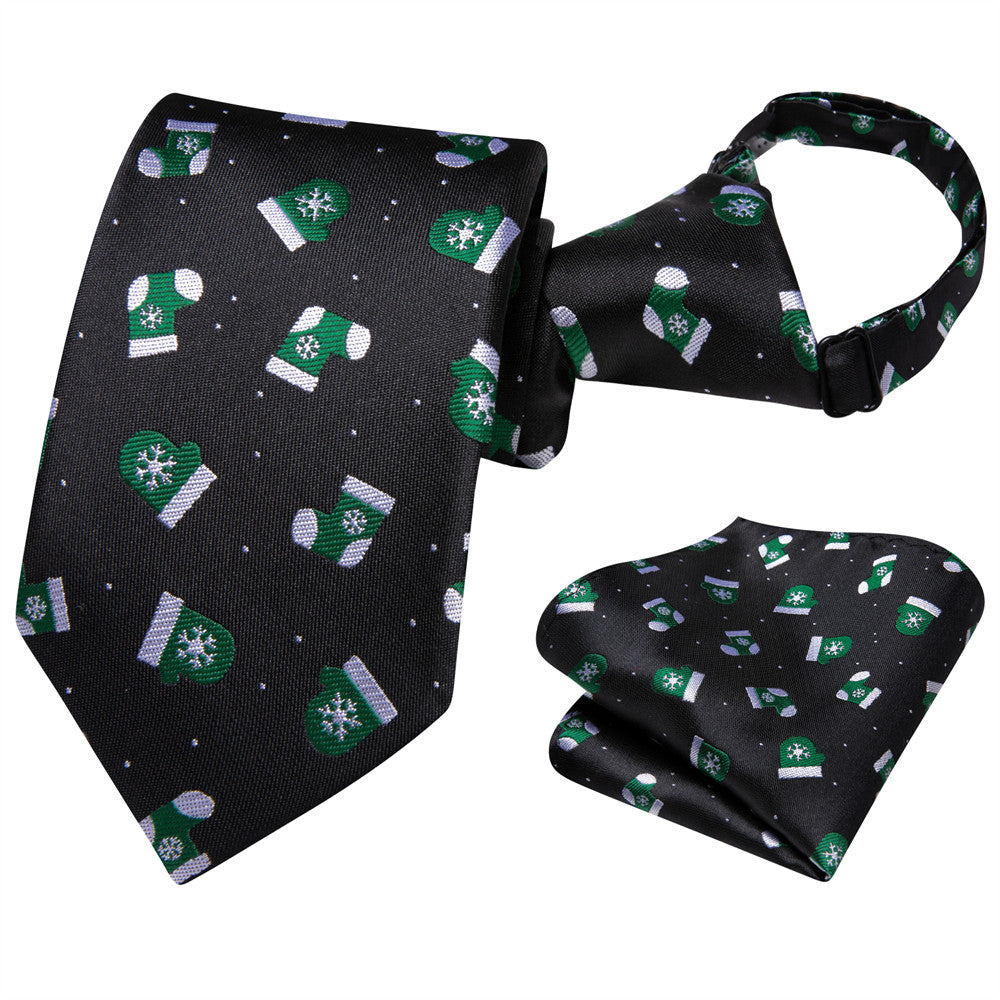 Hi-Tie Black Green Christmas Boys Pre-tied Adjustable Tie Pocket Square