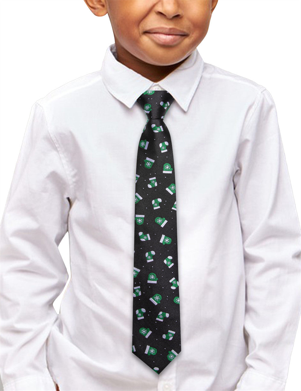 Hi-Tie Black Green Christmas Boys Pre-tied Adjustable Tie Pocket Square