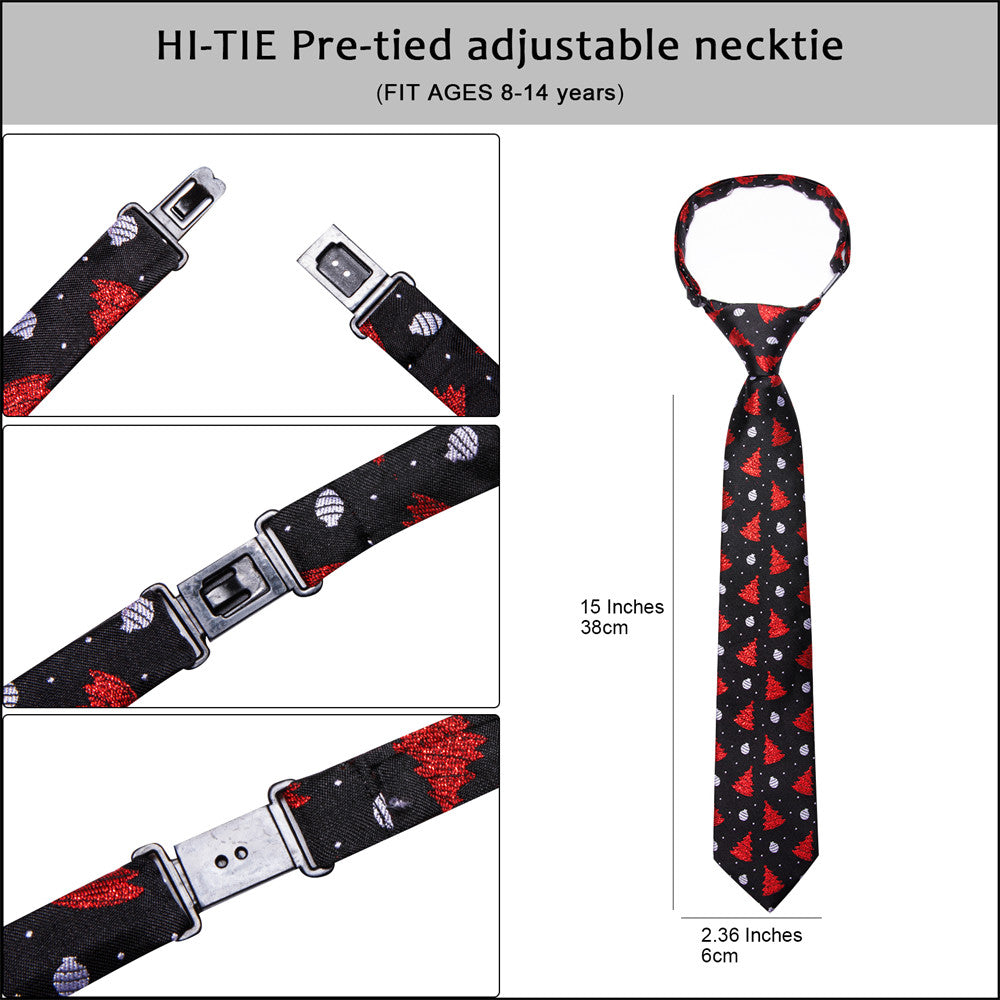 Hi-Tie Kids Pre-Tied Adjustable Tie Black Red Tree Christmas Necktie Pocket Square Set