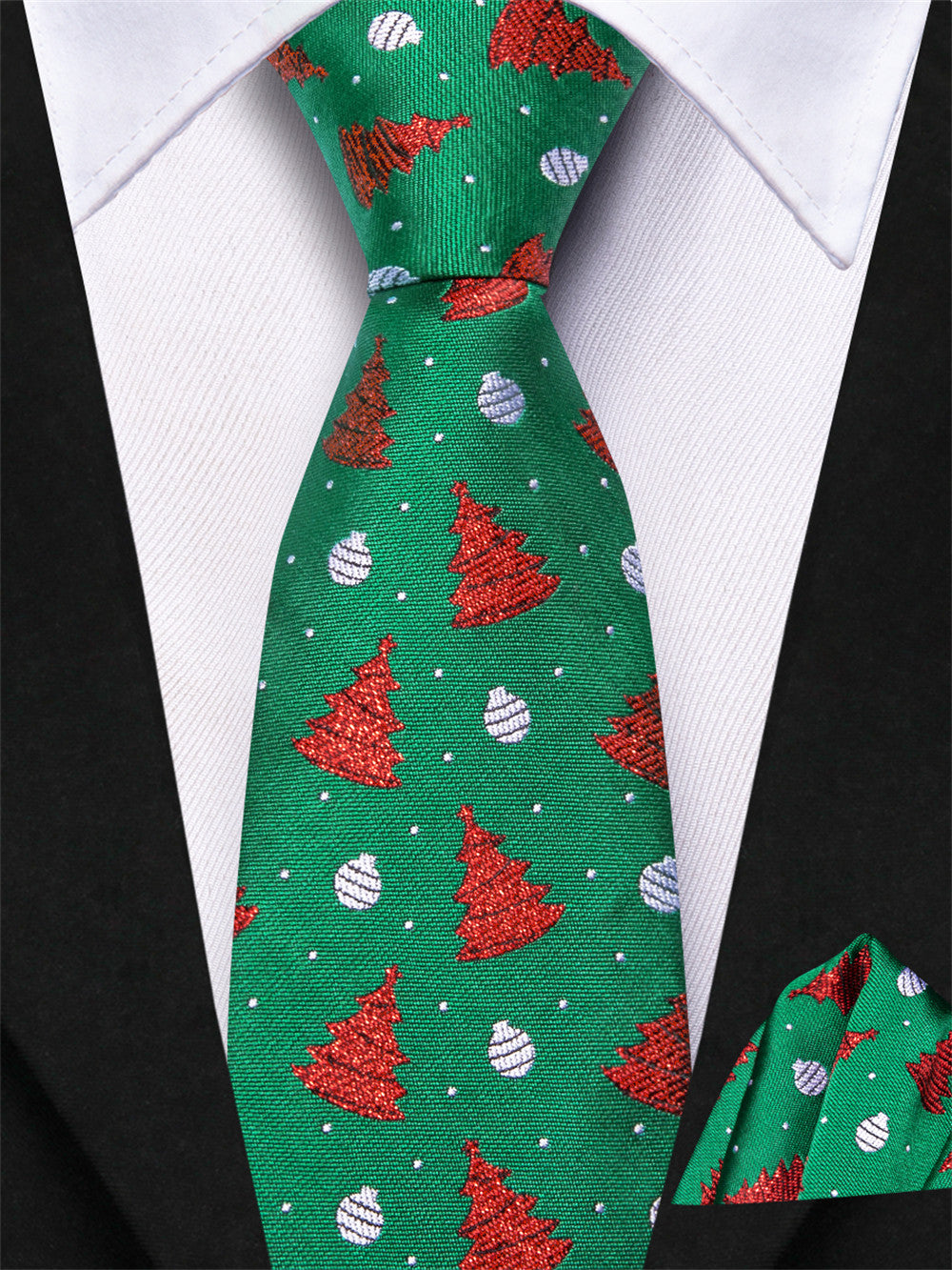 Hi-Tie Christmas Green Red Tree Kids Pre-Tied Adjustable Tie Pocket Square Set