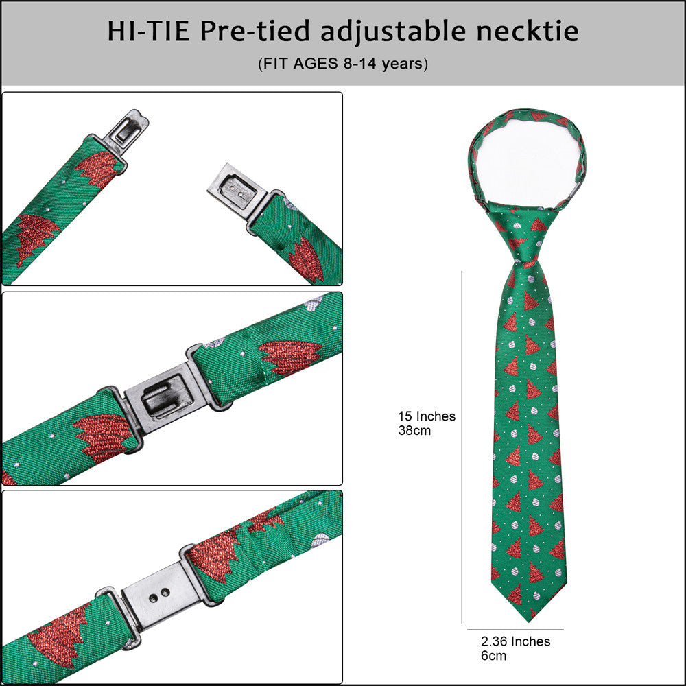 Hi-Tie Christmas Green Red Tree Kids Pre-Tied Adjustable Tie Pocket Square Set