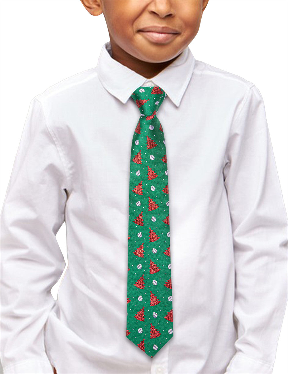 Hi-Tie Christmas Green Red Tree Kids Pre-Tied Adjustable Tie Pocket Square Set