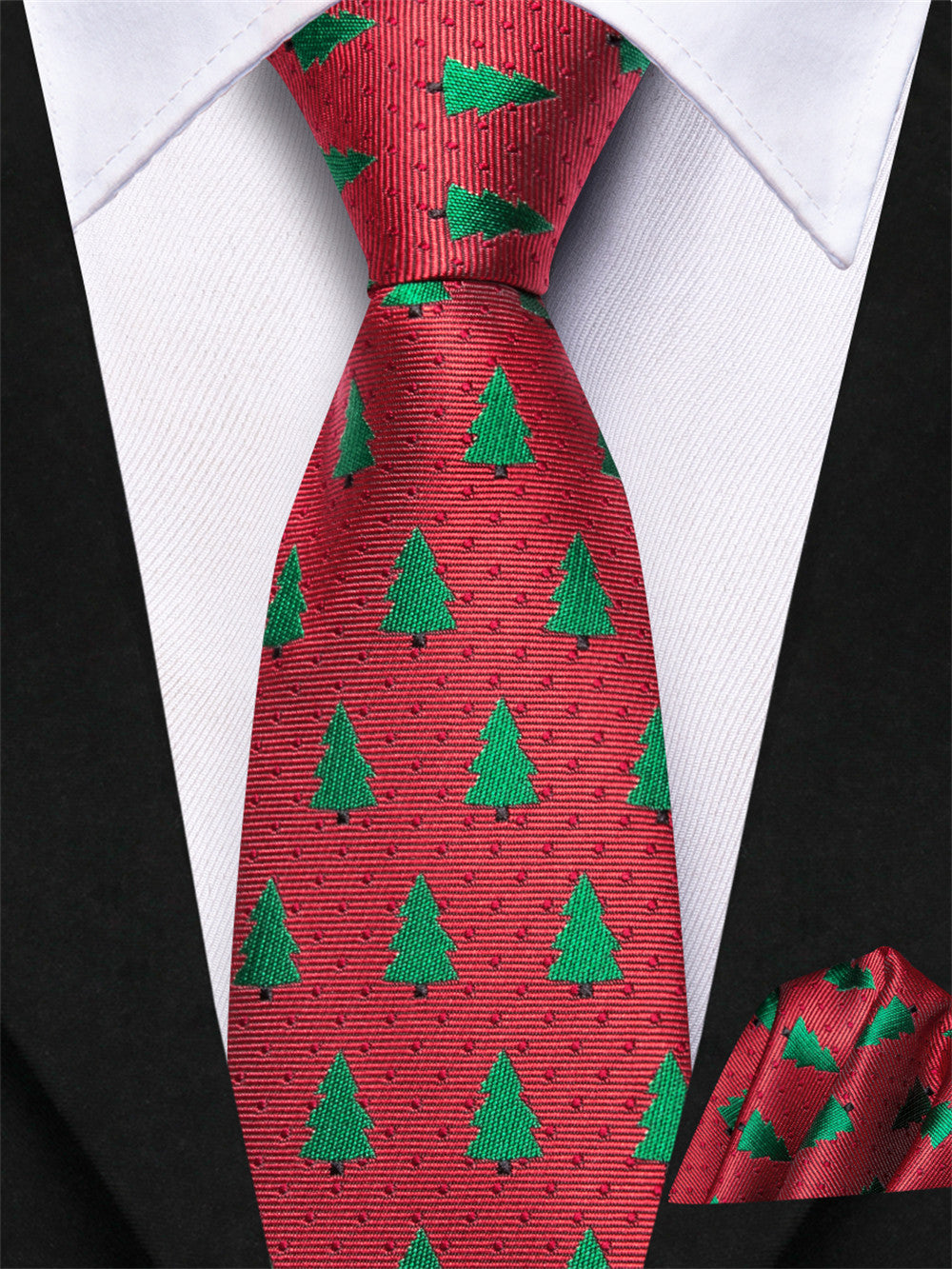 Hi-Tie Christmas Red Green Tree Kids Pre-Tied Adjustable Tie Pocket Square Set