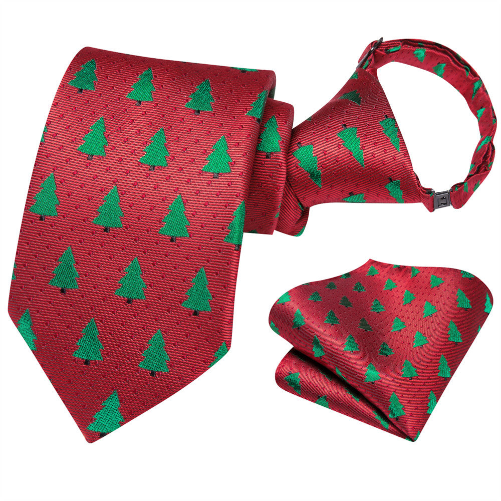 Hi-Tie Christmas Red Green Tree Kids Pre-Tied Adjustable Tie Pocket Square Set