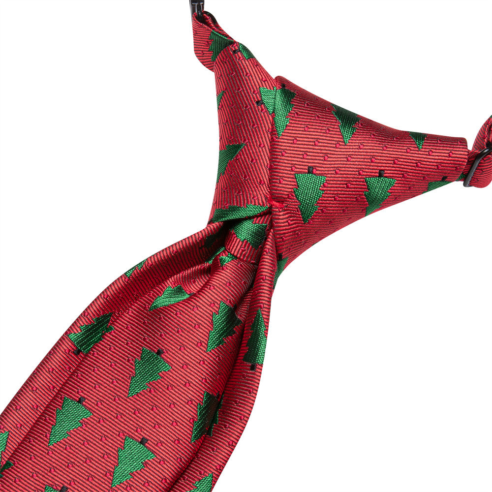 Hi-Tie Christmas Red Green Tree Kids Pre-Tied Adjustable Tie Pocket Square Set