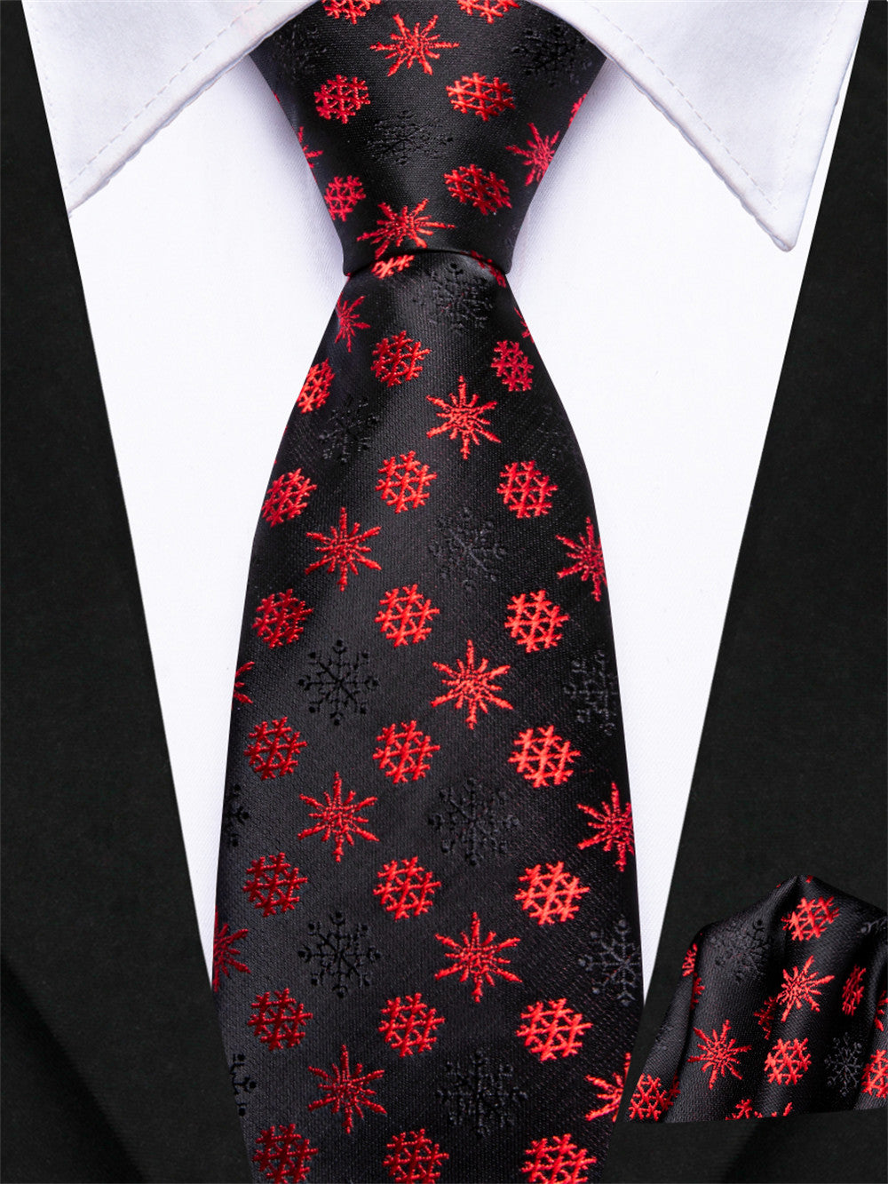 Hi-Tie Kids Christmas Tie Black Red Snow Pre-Tied Adjustable Tie Pocket Square Set