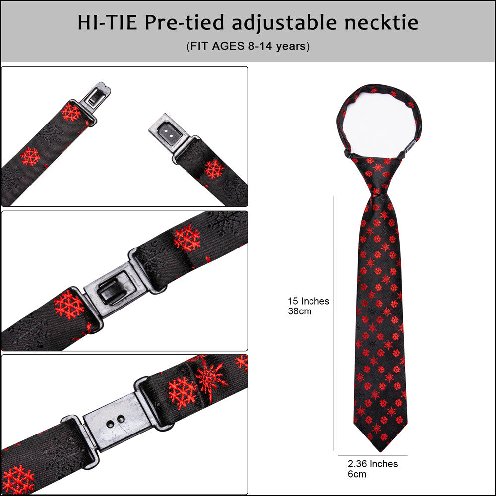 Hi-Tie Kids Christmas Tie Black Red Snow Pre-Tied Adjustable Tie Pocket Square Set