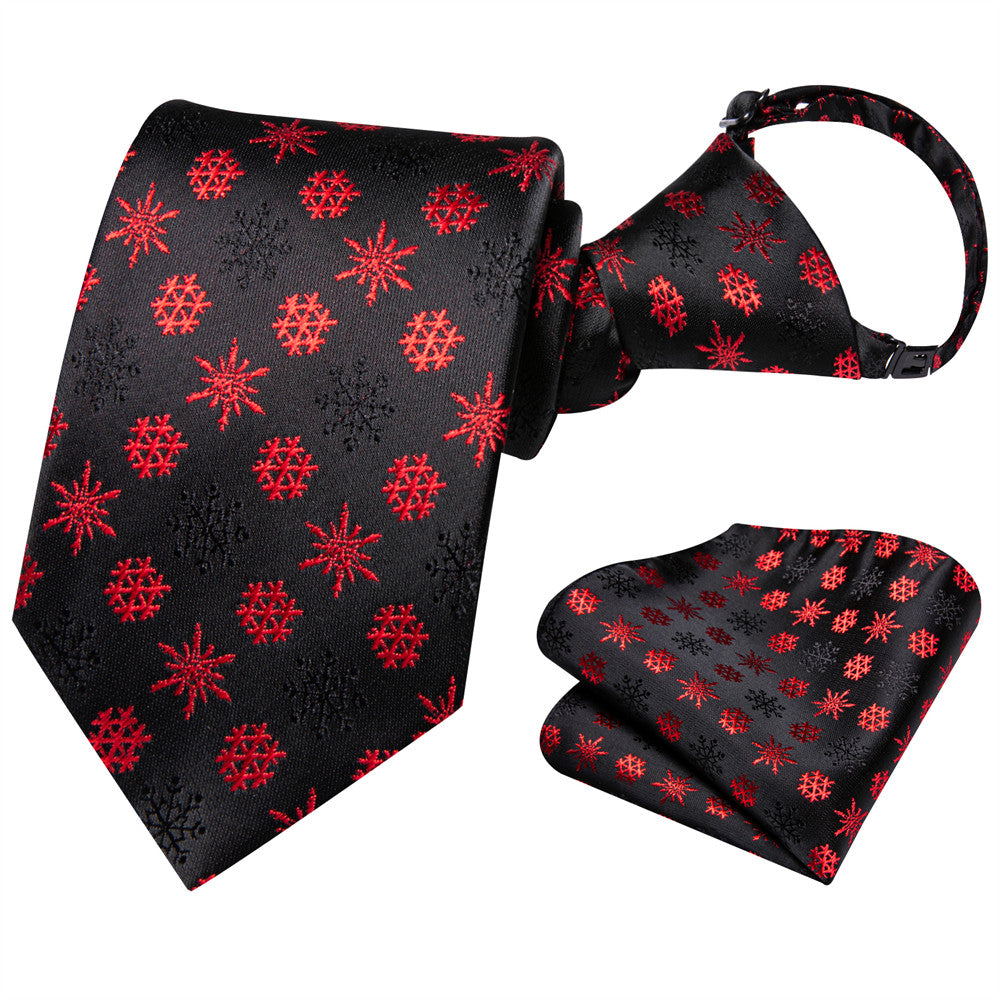 Hi-Tie Kids Christmas Tie Black Red Snow Pre-Tied Adjustable Tie Pocket Square Set