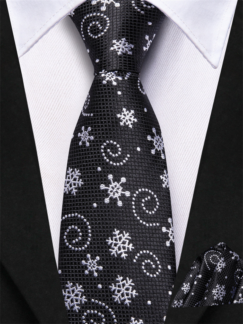 Hi-Tie Kids Christmas Tie Black Silver Pre-Tied Adjustable Tie Pocket Square Set