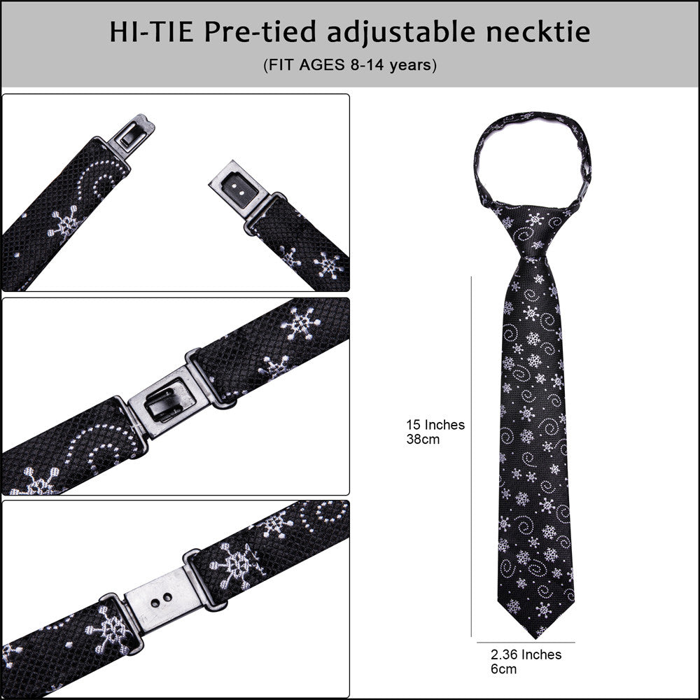 Hi-Tie Kids Christmas Tie Black Silver Pre-Tied Adjustable Tie Pocket Square Set