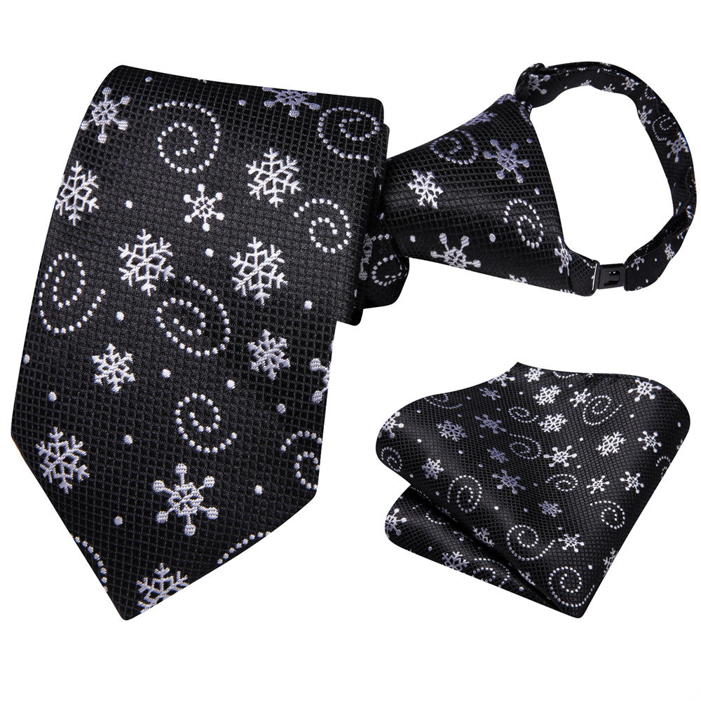 Hi-Tie Kids Christmas Tie Black Silver Pre-Tied Adjustable Tie Pocket Square Set