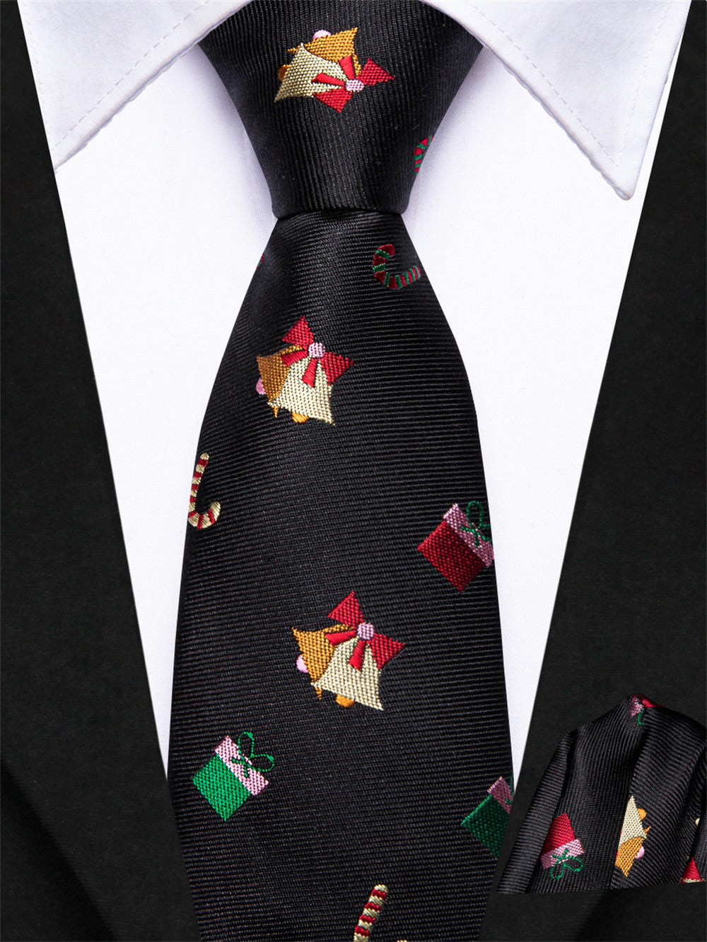 Hi-Tie Kids Christmas Tie Black Pre-Tied Adjustable Tie Pocket Square Set