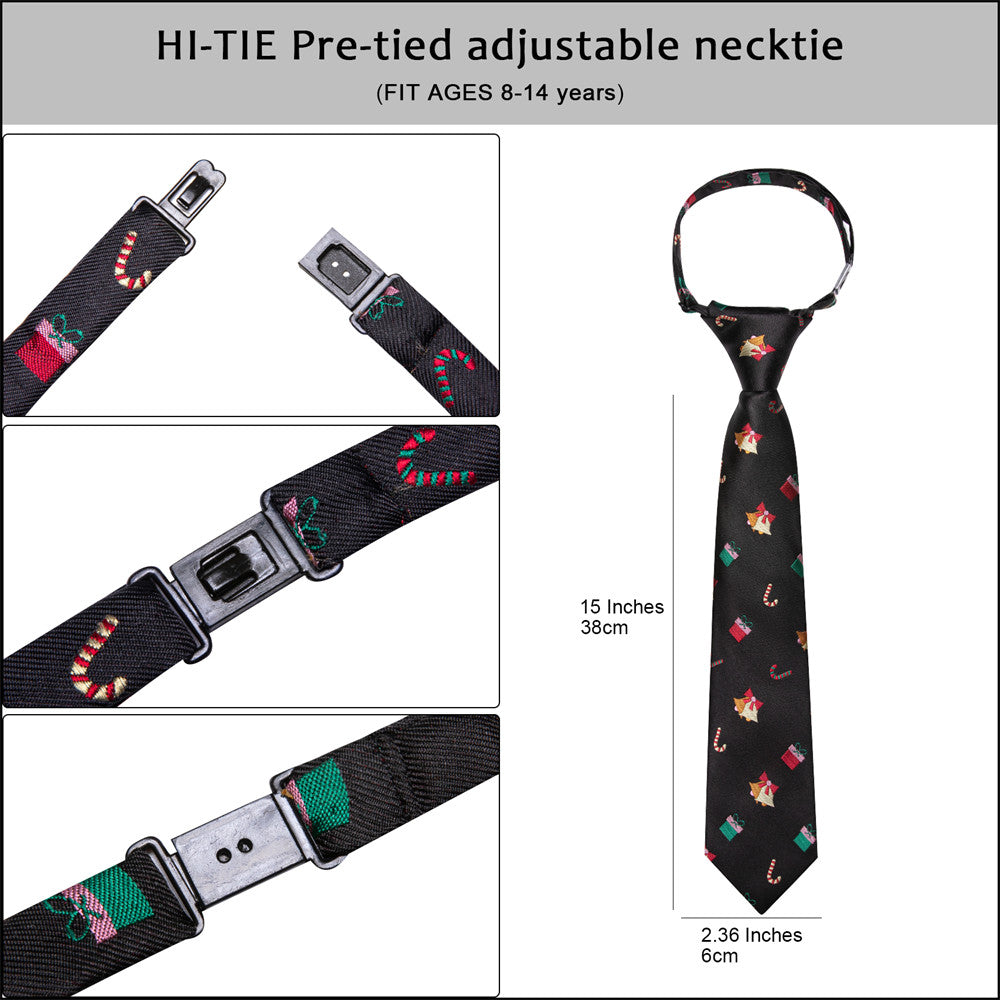 Hi-Tie Kids Christmas Tie Black Pre-Tied Adjustable Tie Pocket Square Set