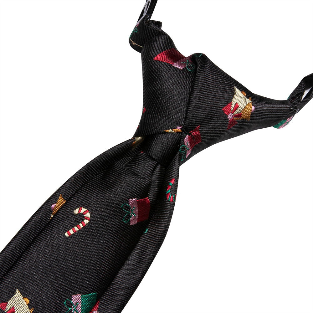 Hi-Tie Kids Christmas Tie Black Pre-Tied Adjustable Tie Pocket Square Set