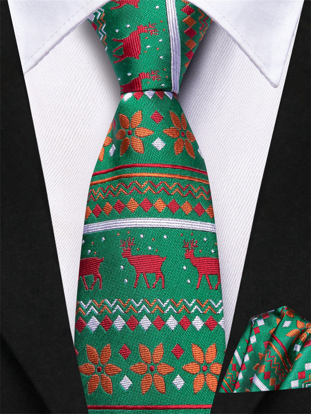 Hi-Tie Green Christmas Kids Pre-Tied Adjustable Tie Pocket Square Set