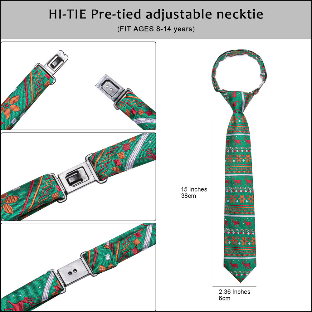 Hi-Tie Green Christmas Kids Pre-Tied Adjustable Tie Pocket Square Set