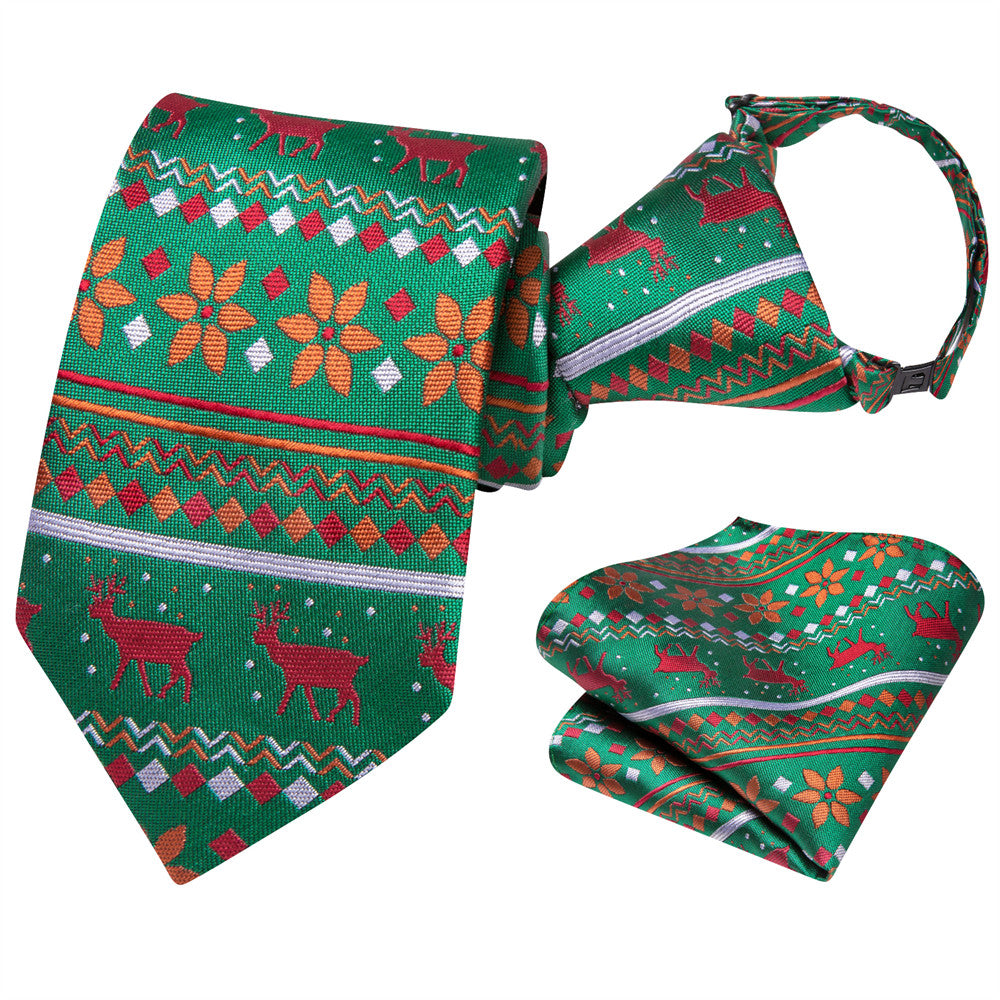 Hi-Tie Green Christmas Kids Pre-Tied Adjustable Tie Pocket Square Set