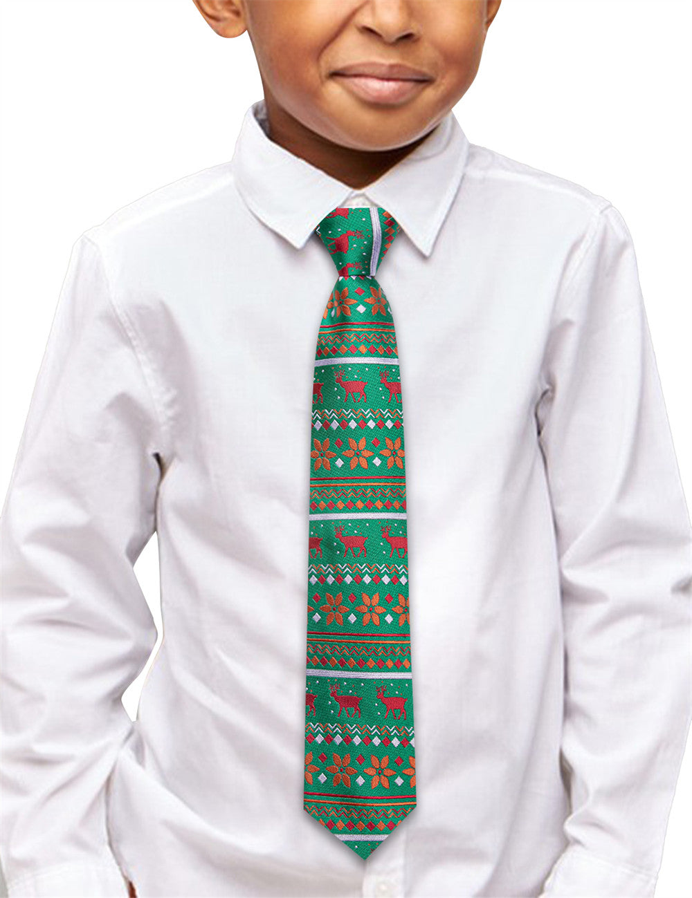 Hi-Tie Green Christmas Kids Pre-Tied Adjustable Tie Pocket Square Set