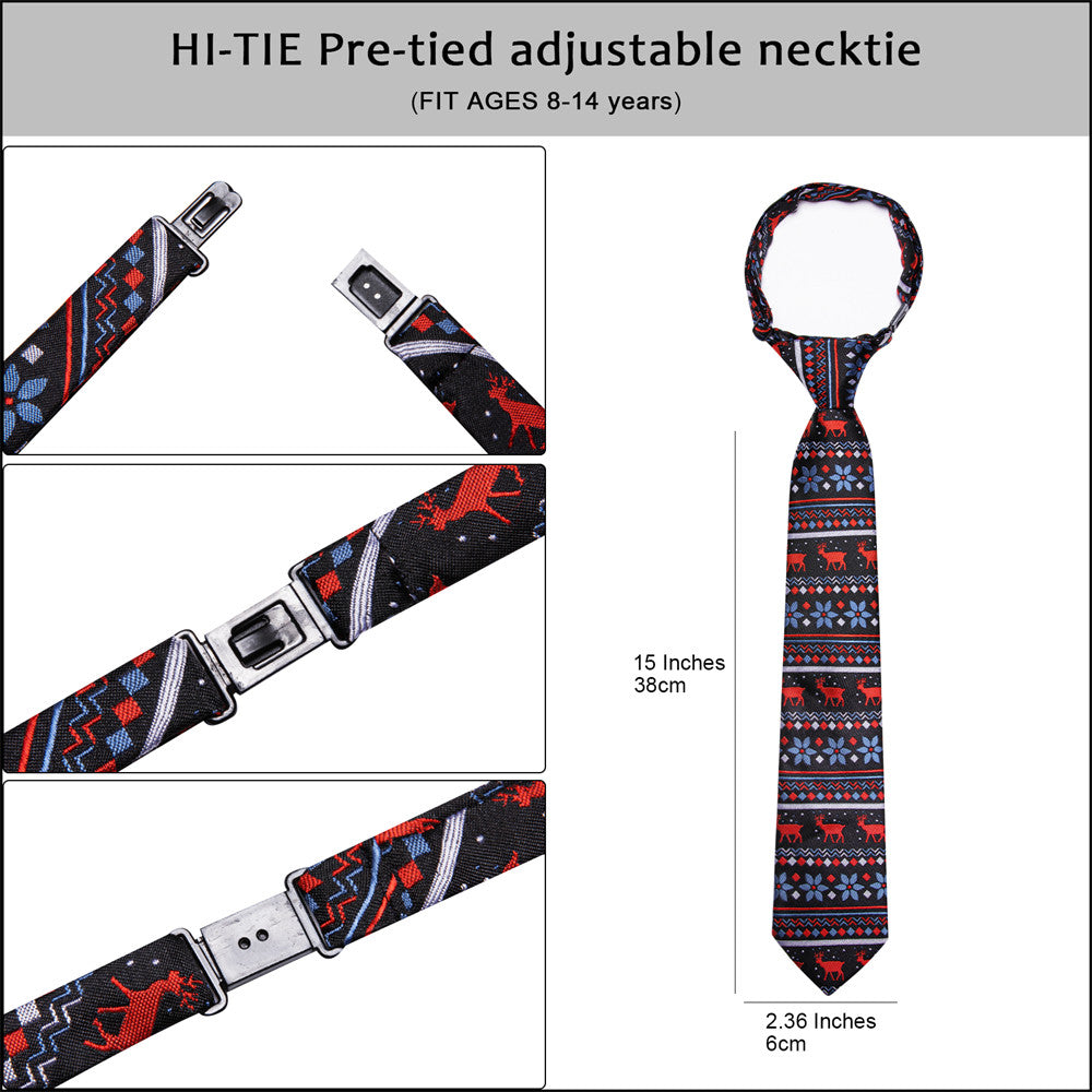 Hi-Tie Kids Christmas Tie Black Red Striped Pre-Tied Adjustable Tie Pocket Square Set