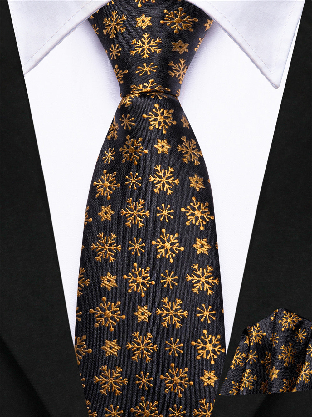 Hi-Tie Kids Christmas Tie Black Gold Snow Pre-Tied Adjustable Tie Pocket Square Set