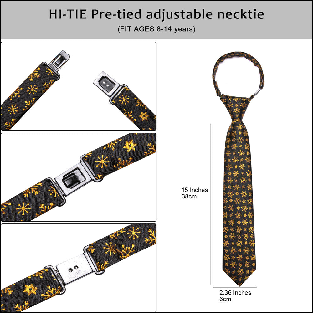 Hi-Tie Kids Christmas Tie Black Gold Snow Pre-Tied Adjustable Tie Pocket Square Set