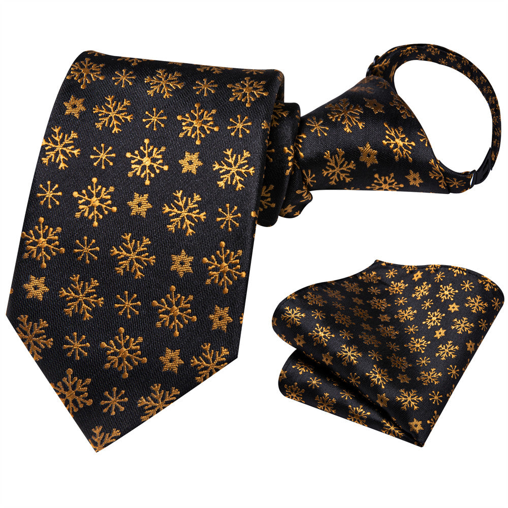 Hi-Tie Kids Christmas Tie Black Gold Snow Pre-Tied Adjustable Tie Pocket Square Set