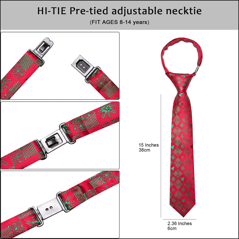 Hi-Tie Red Plaid Christmas Kids Pre-Tied Adjustable Tie Pocket Square Set