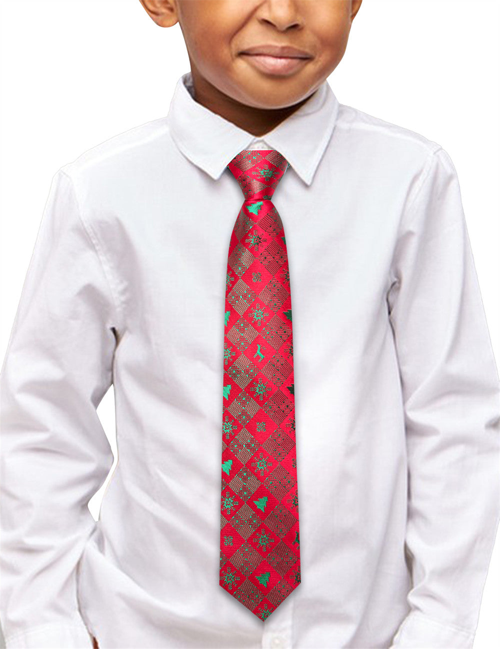 Hi-Tie Red Plaid Christmas Kids Pre-Tied Adjustable Tie Pocket Square Set