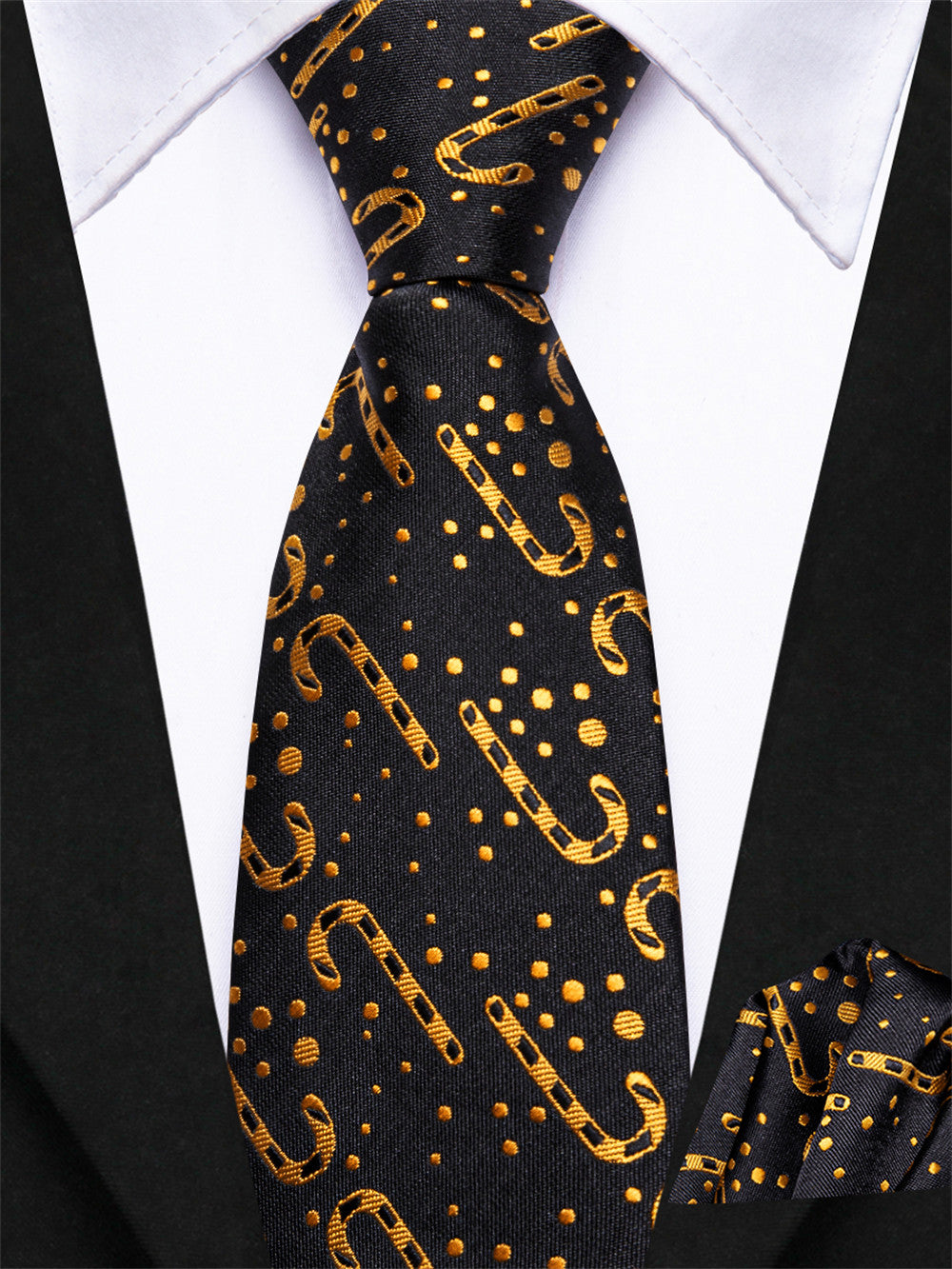 Hi-Tie Kids Christmas Tie Black Gold Candy Cane Pre-Tied Adjustable Tie Pocket Square Set