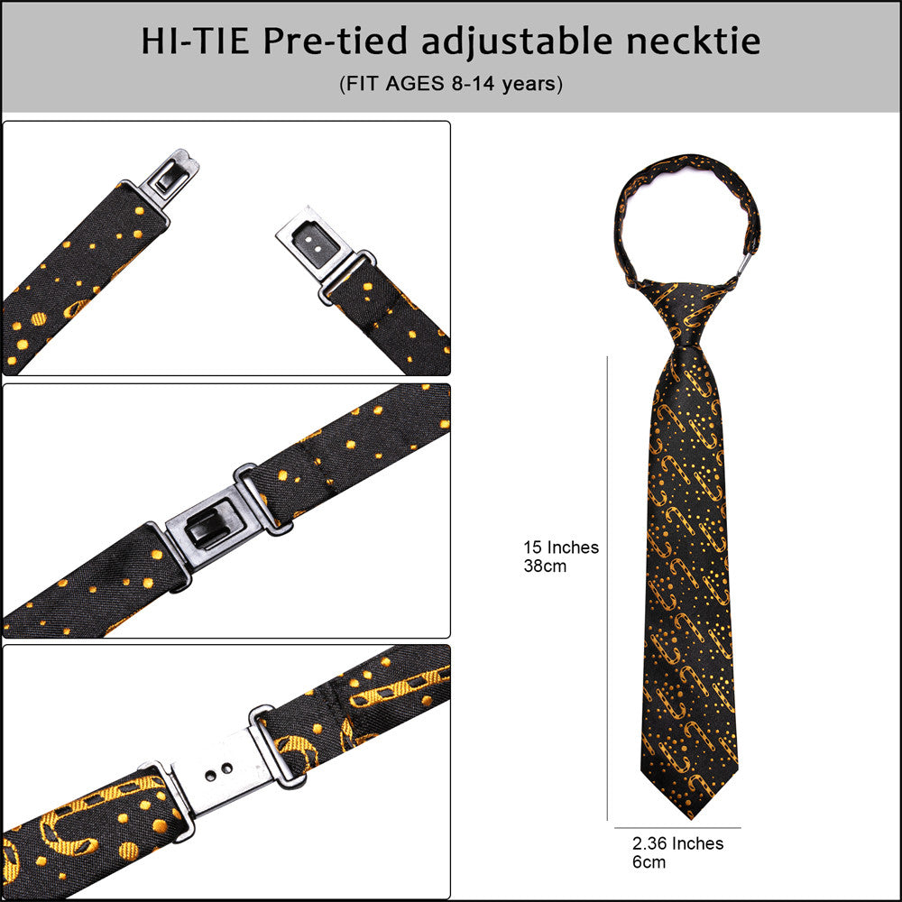 Hi-Tie Kids Christmas Tie Black Gold Candy Cane Pre-Tied Adjustable Tie Pocket Square Set