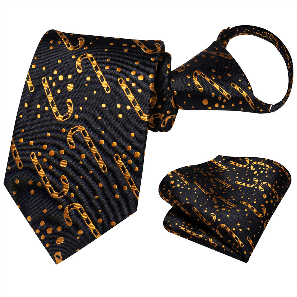 Hi-Tie Kids Christmas Tie Black Gold Candy Cane Pre-Tied Adjustable Tie Pocket Square Set