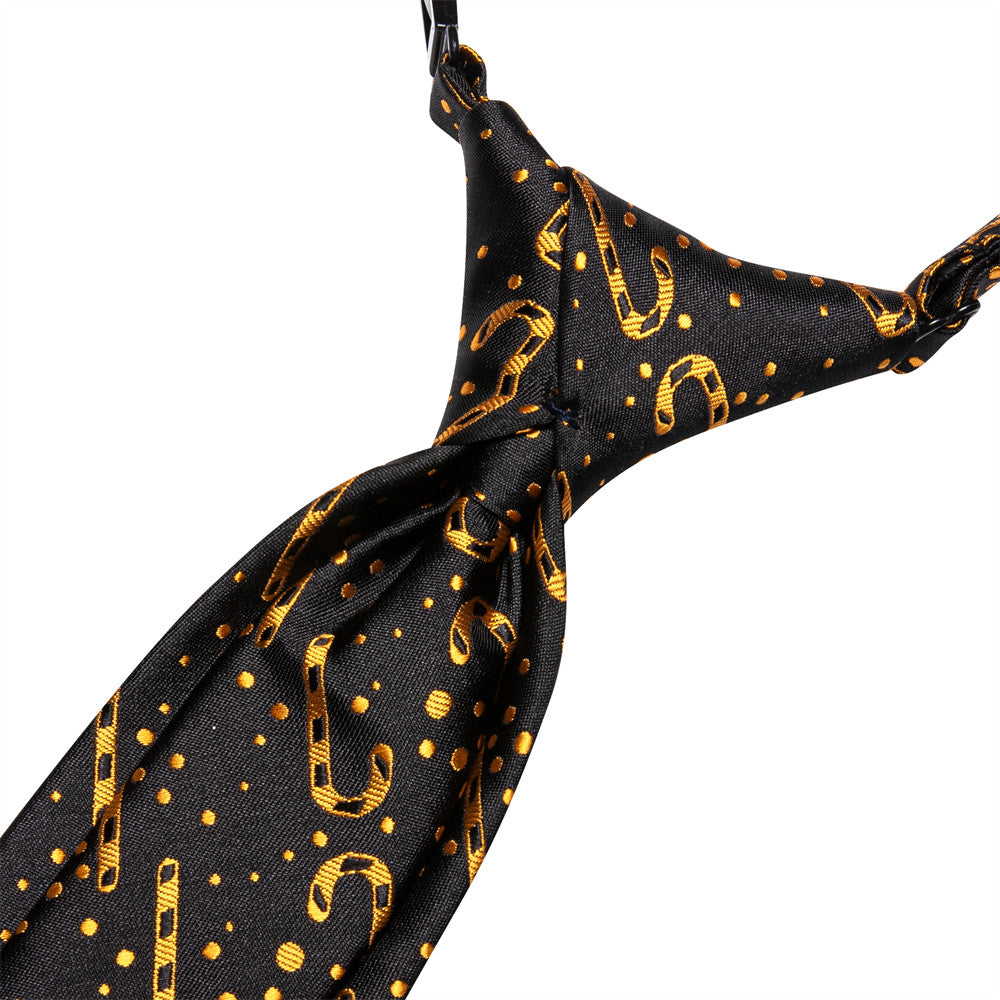 Hi-Tie Kids Christmas Tie Black Gold Candy Cane Pre-Tied Adjustable Tie Pocket Square Set