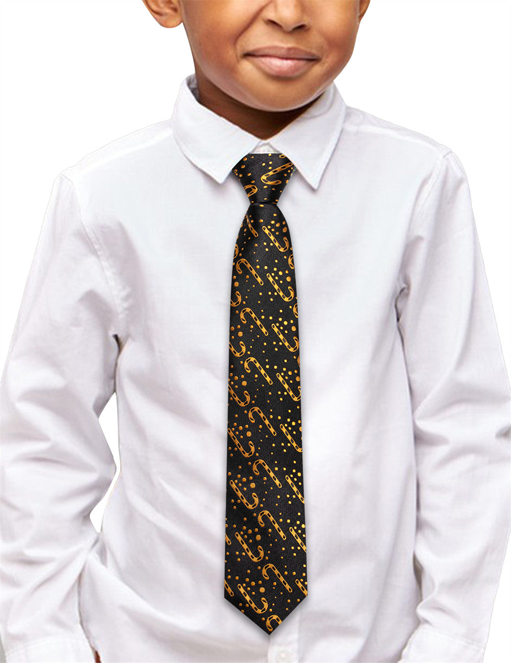 Hi-Tie Kids Christmas Tie Black Gold Candy Cane Pre-Tied Adjustable Tie Pocket Square Set