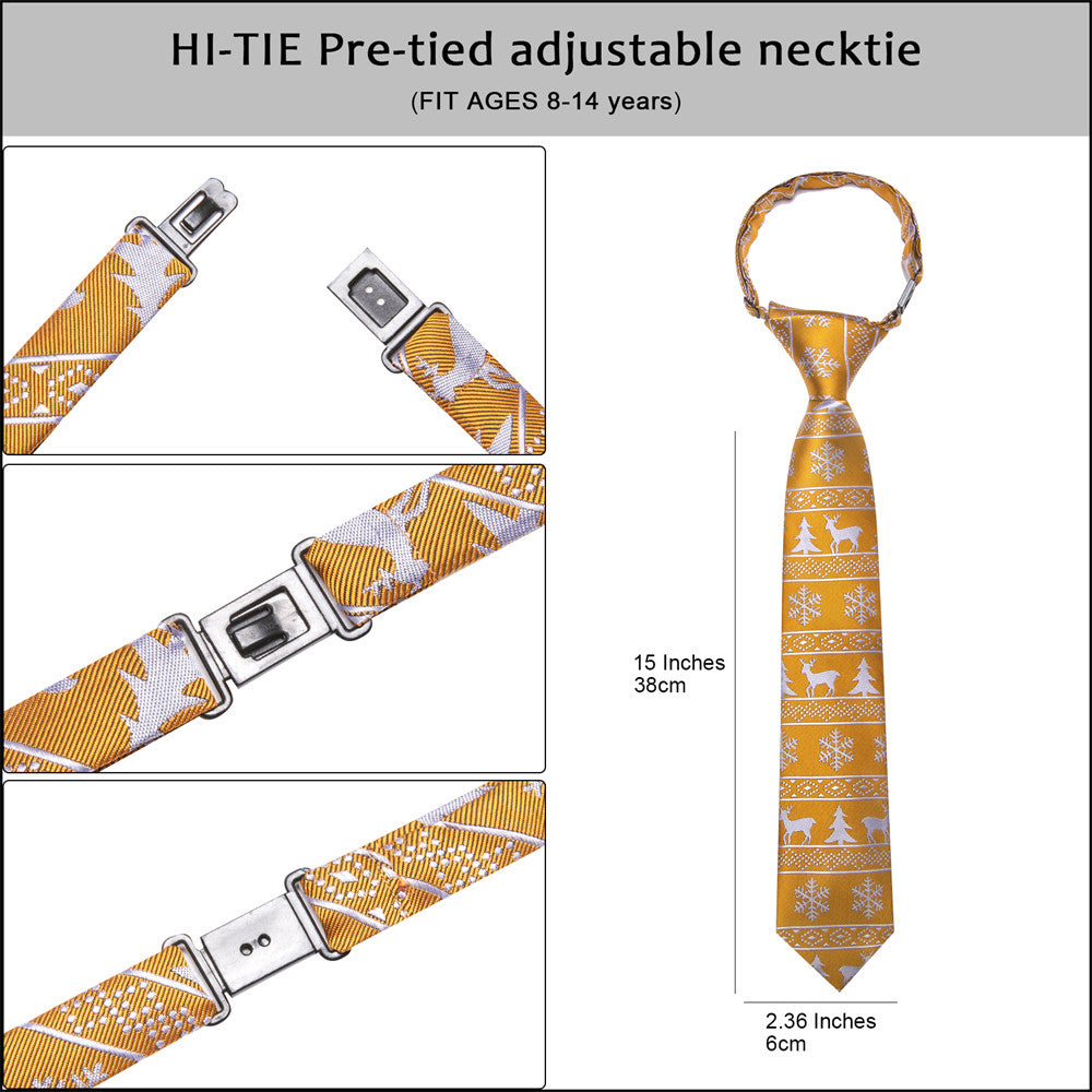 Hi-Tie Yellow Christmas Kids Pre-Tied Adjustable Tie Pocket Square Set