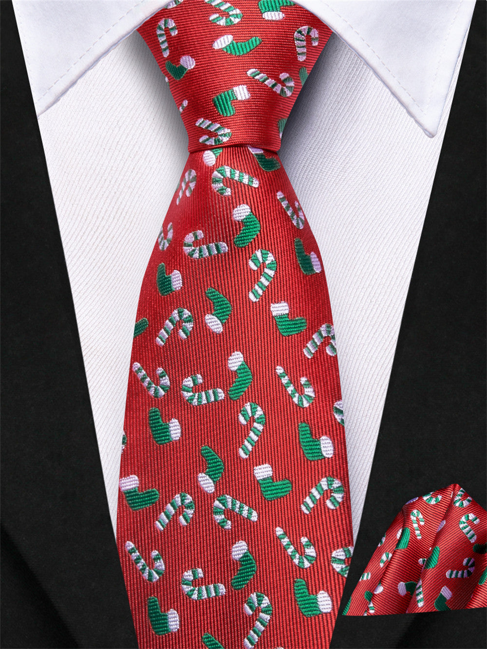 Hi-Tie Red Candy Cane Christmas Kids Pre-Tied Adjustable Tie Pocket Square Set