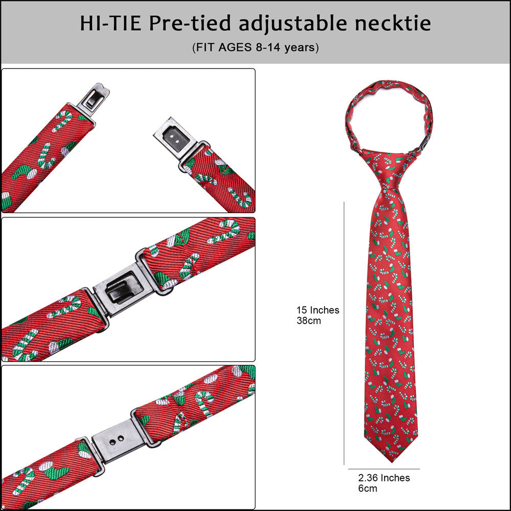 Hi-Tie Red Candy Cane Christmas Kids Pre-Tied Adjustable Tie Pocket Square Set