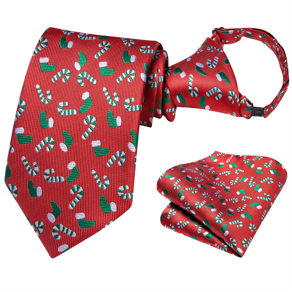 Hi-Tie Red Candy Cane Christmas Kids Pre-Tied Adjustable Tie Pocket Square Set