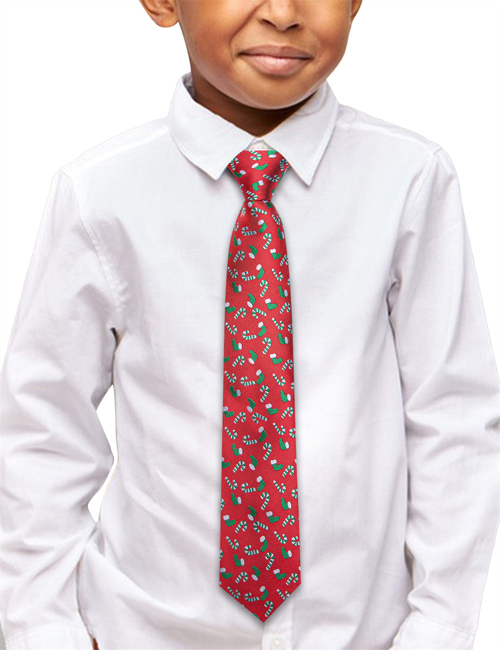 Hi-Tie Red Candy Cane Christmas Kids Pre-Tied Adjustable Tie Pocket Square Set