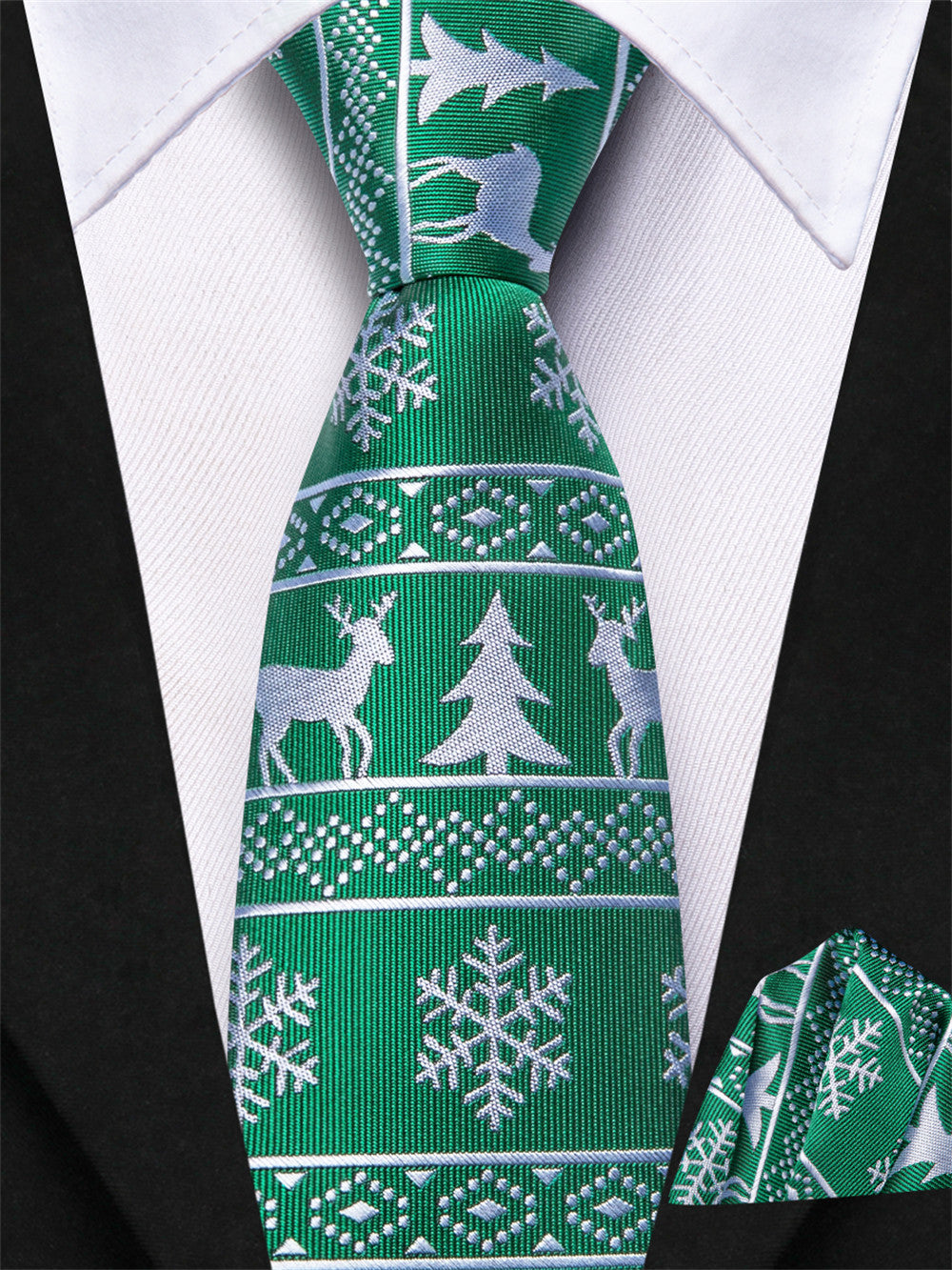 Hi-Tie Green Christmas Kids Pre-Tied Adjustable Tie Pocket Square Set