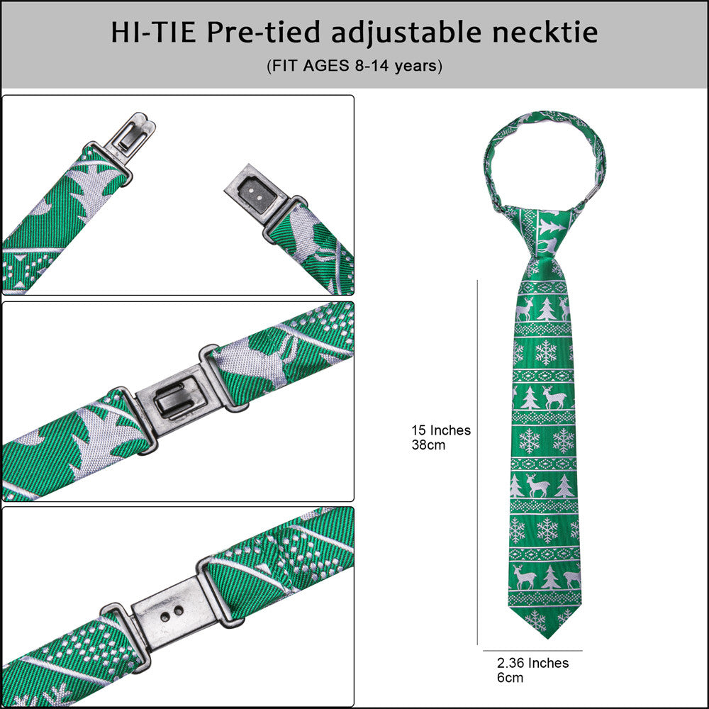 Hi-Tie Green Christmas Kids Pre-Tied Adjustable Tie Pocket Square Set