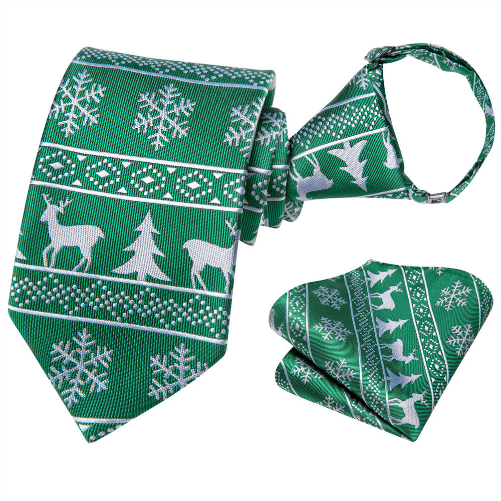 Hi-Tie Green Christmas Kids Pre-Tied Adjustable Tie Pocket Square Set