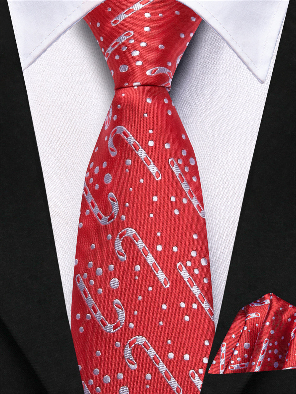 Hi-Tie Red Candy Cane Christmas Kids Pre-Tied Adjustable Tie Pocket Square Set