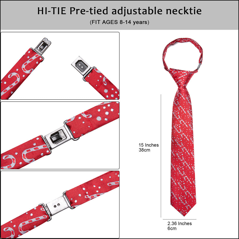 Hi-Tie Red Candy Cane Christmas Kids Pre-Tied Adjustable Tie Pocket Square Set